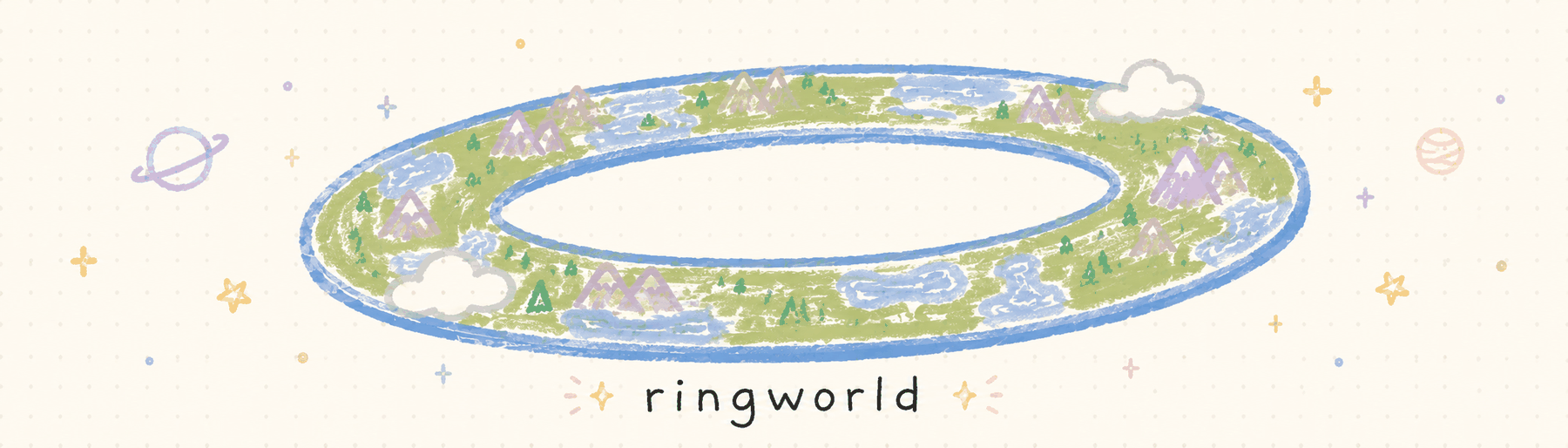 ringworld — a hand-drawn ring habitat of green land, lakes and mountains, floating among planets and stars