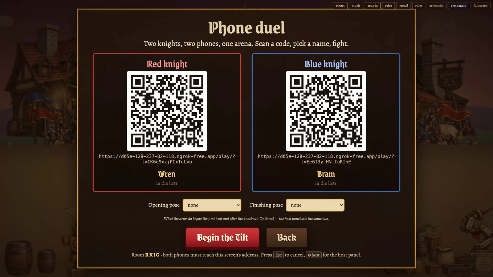 Lobby screen showing two QR codes, one for the red knight and one for the blue knight