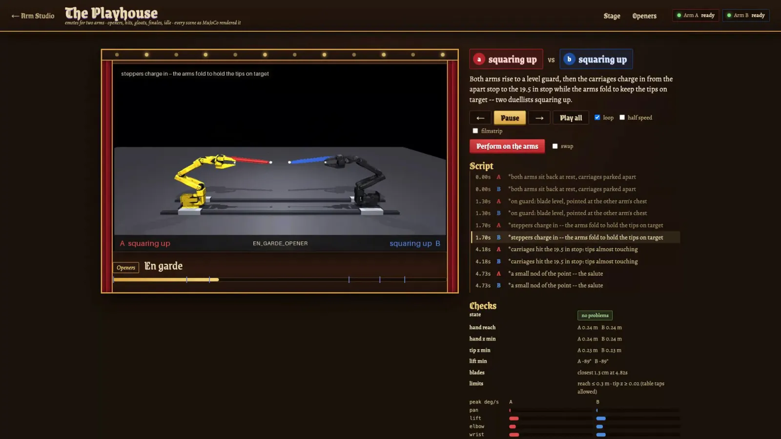 The Arm Studio interface with the move library and clip timeline