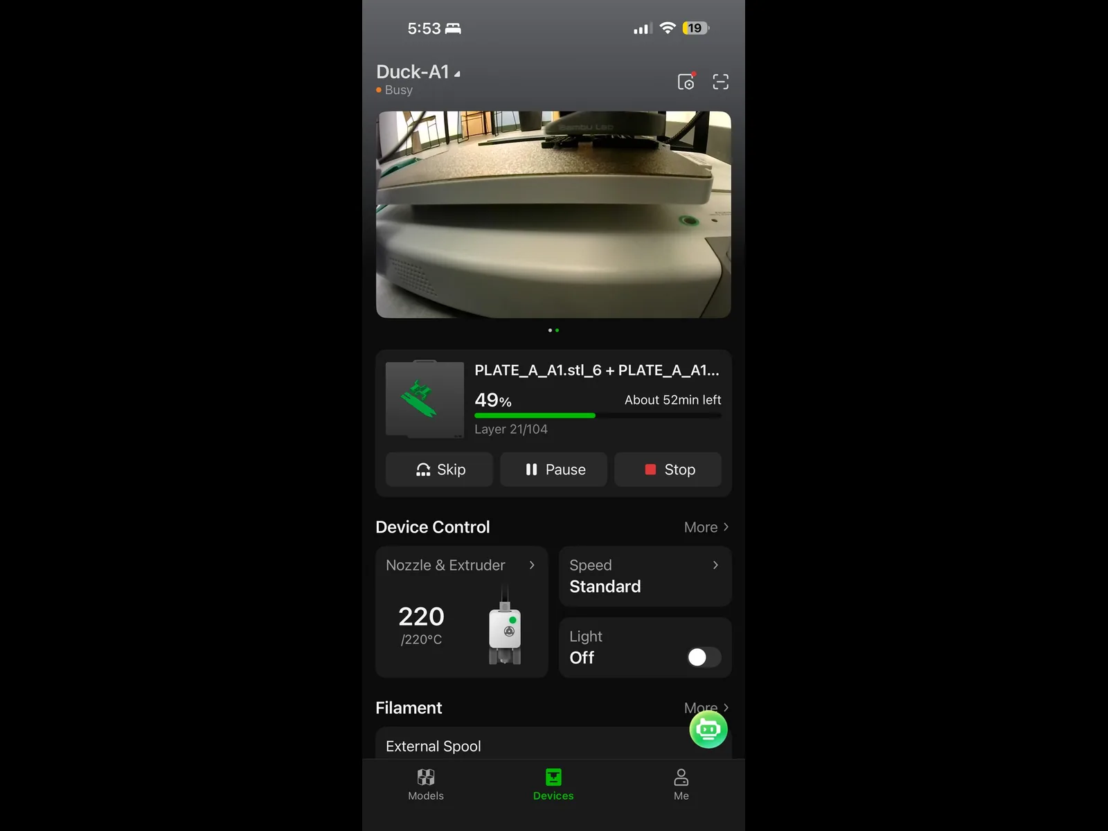 The Bambu Handy app showing the Duck-A1 printer at 49 percent, about 52 minutes left