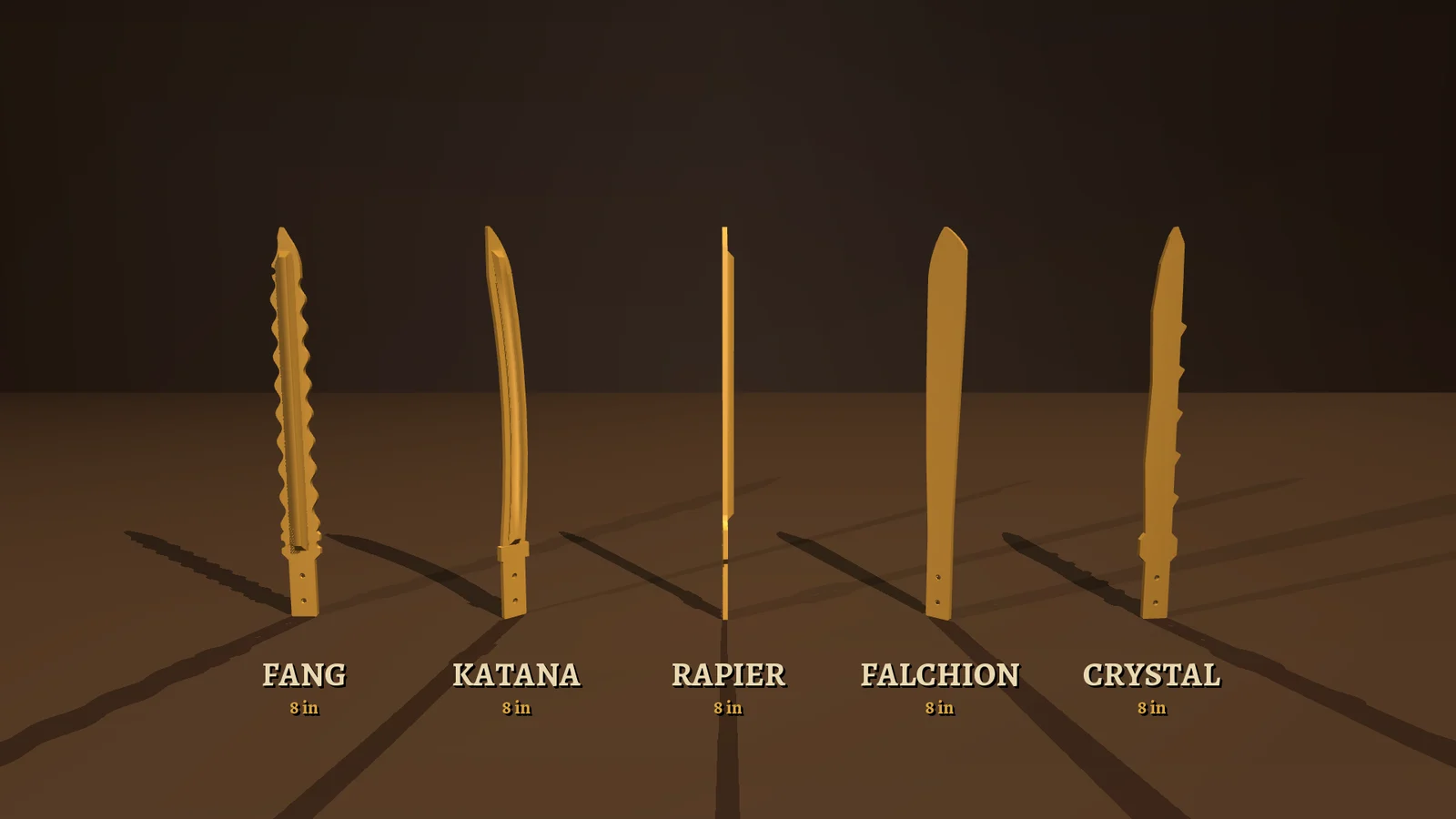 Turntable render of the five blade styles: fang, katana, rapier, falchion, crystal