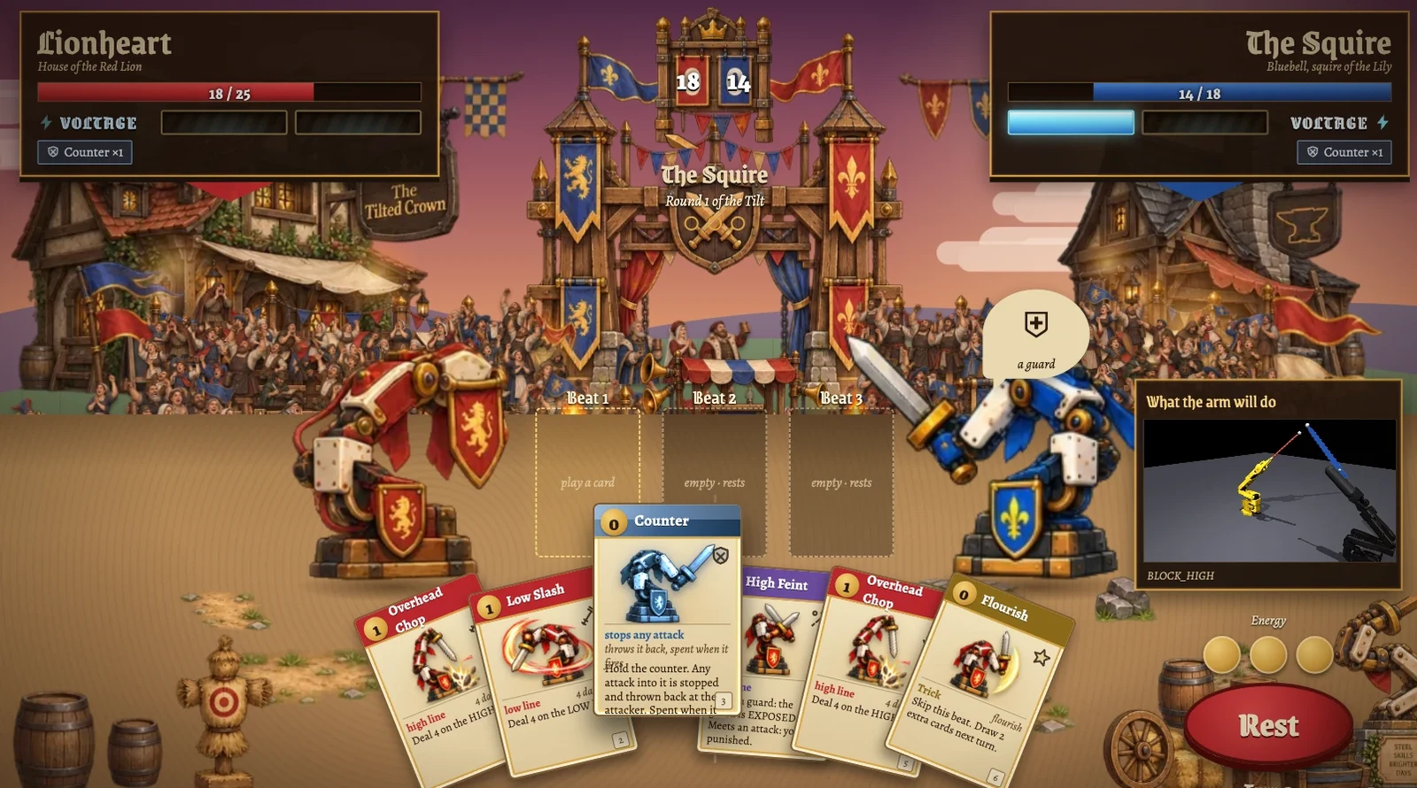 Hovering the Counter card shows a preview of what it would do