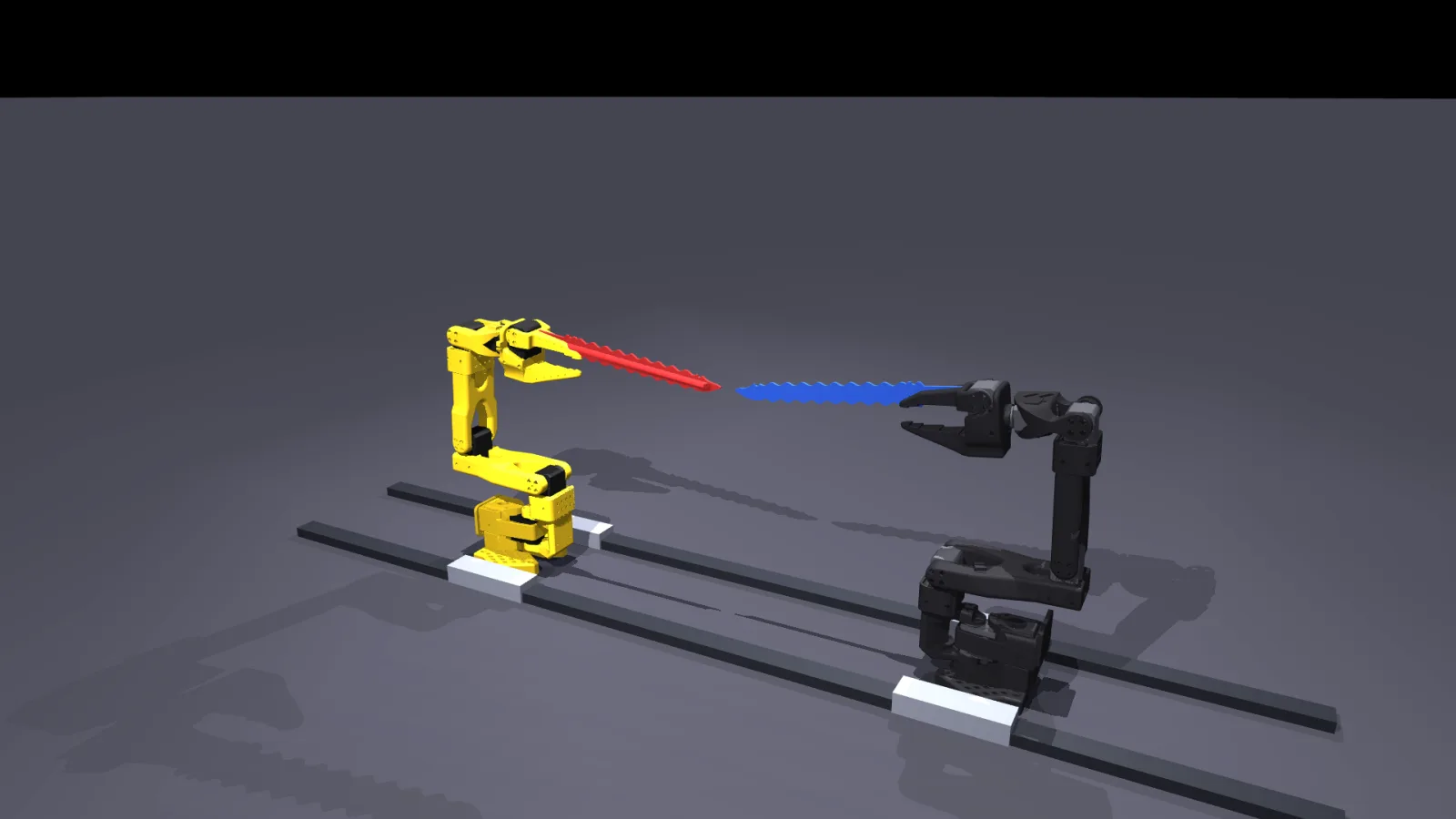 Two robot arms facing each other on rails, swords raised en garde